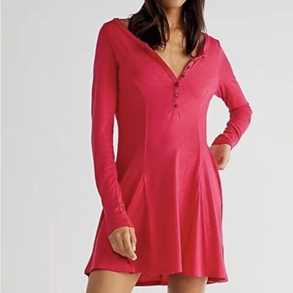 Free People Beach Miles of Henley Mini Dress Pink Long Sleeve Size Small